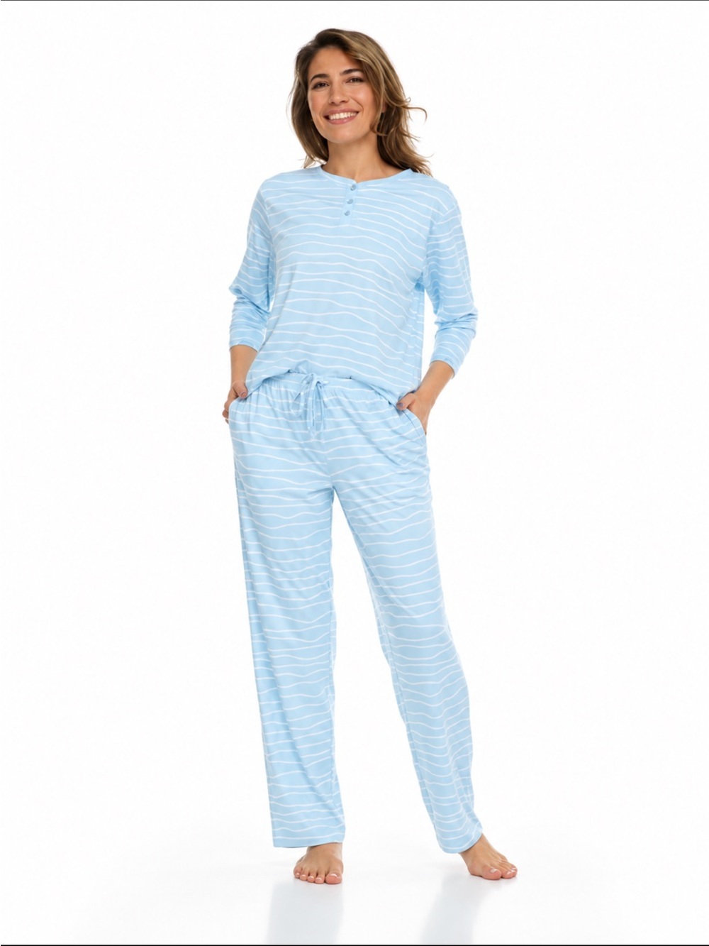 FLORA NIKROOZ Women Relaxed Fit 3/4 Sleeve Henley Pajama Set 2 Piece Pockets😍